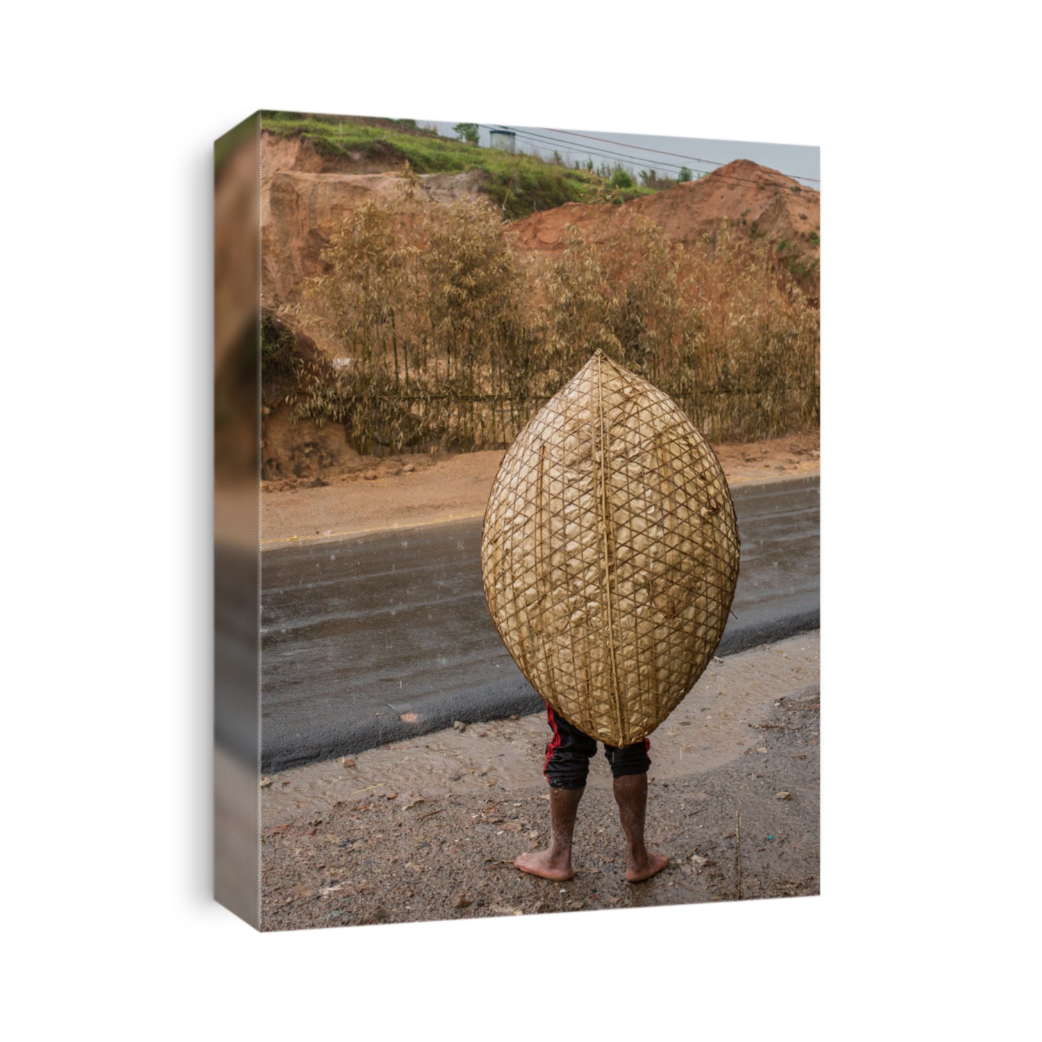 Unidentified khasi man wearing traditional rain cover made from bamboo, Meghalaya, North