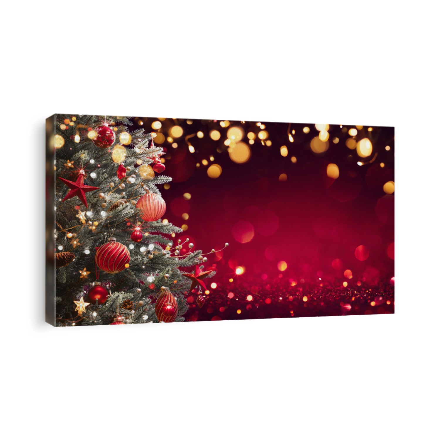 Christmas Tree With Decorations And Glitter. Winter Holiday Background