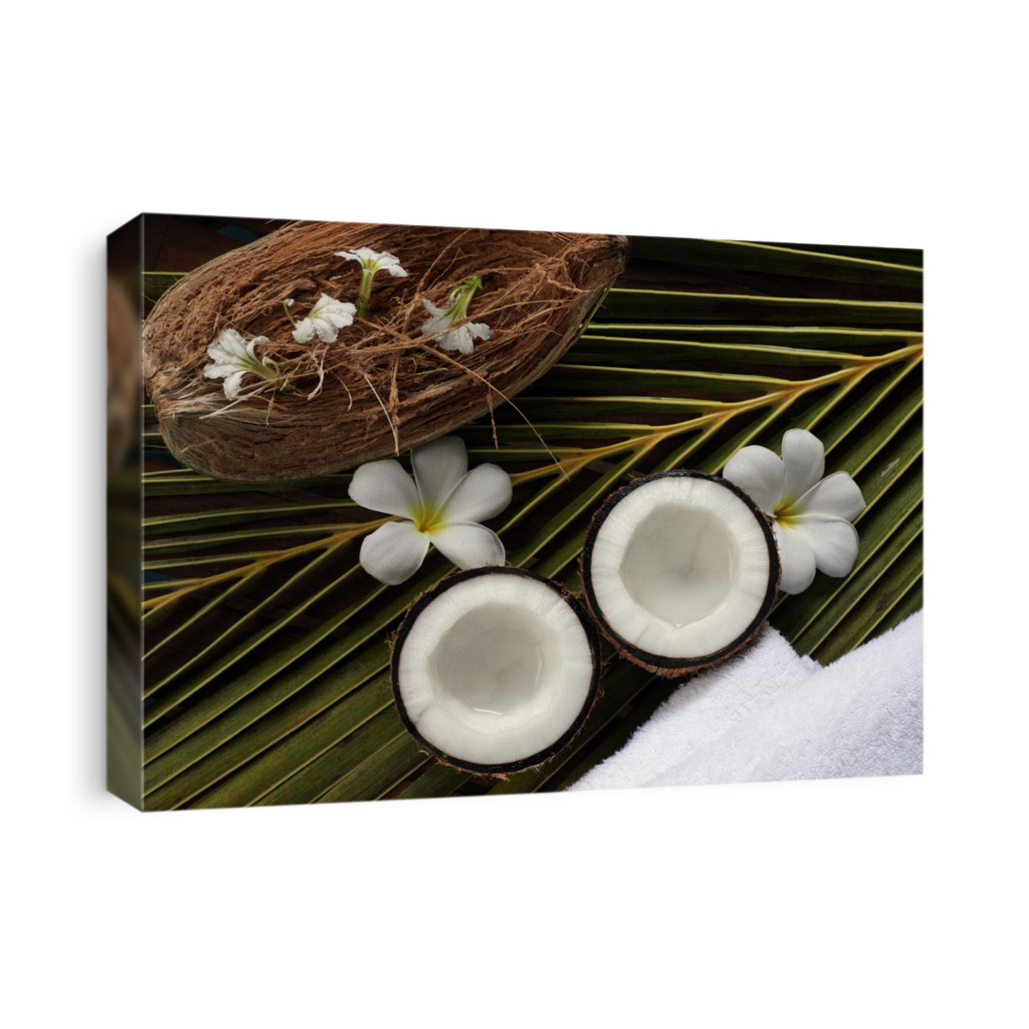 spa beauty objects for body care on palm leave, coconuts, exotic plumeria white flowers, towels, tropical